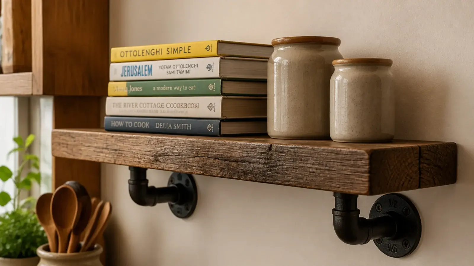 black iron pipe brackets carrying a thick reclaimed wood floating shelf