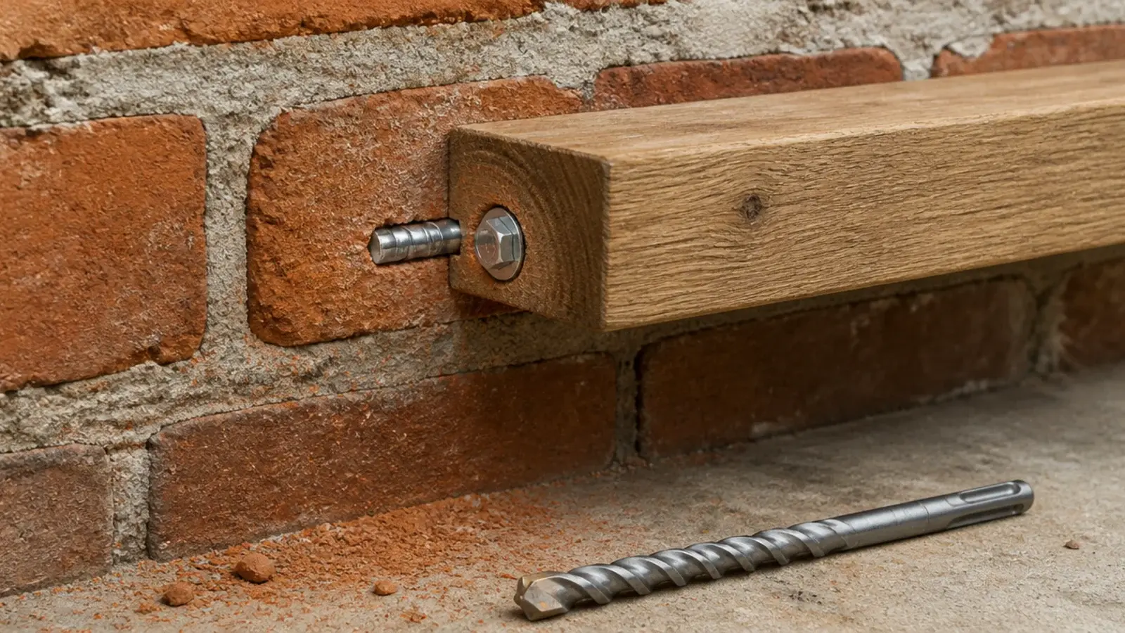 sleeve anchor drilled into brick supporting a heavy wooden wall shelf