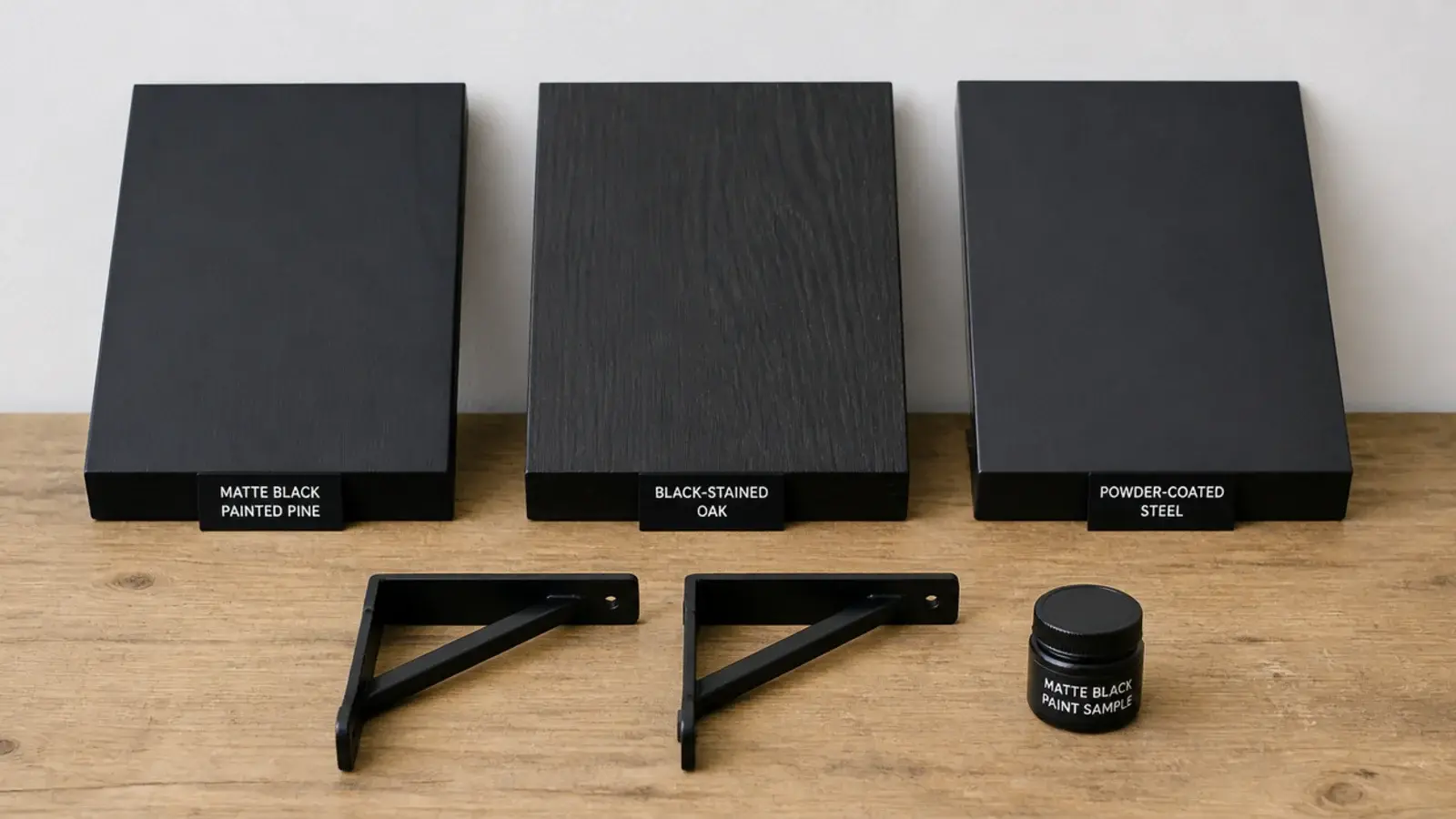 black shelf samples and powder coated brackets laid out for comparison