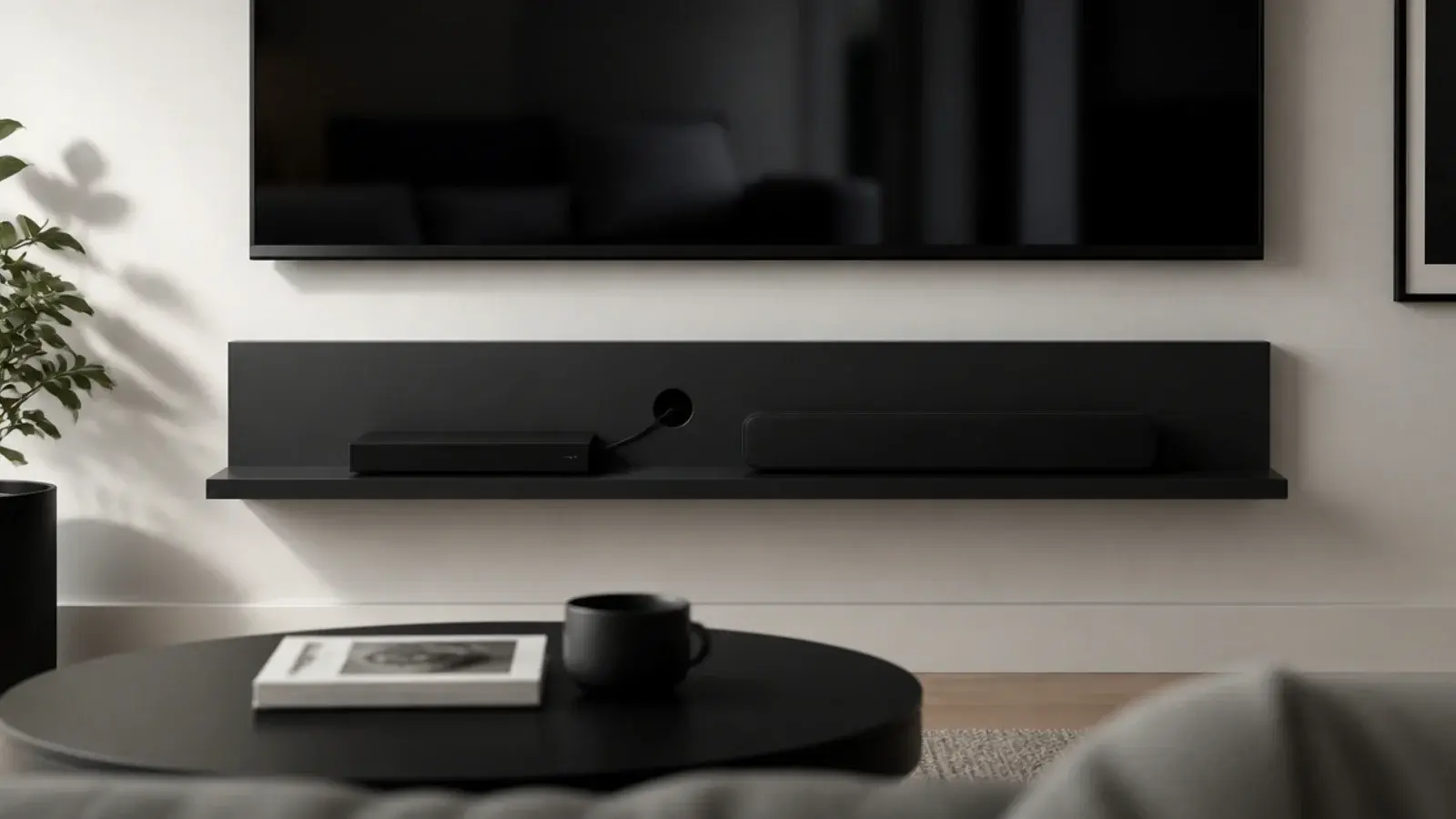 black floating shelf under a wall mounted television holding media boxes