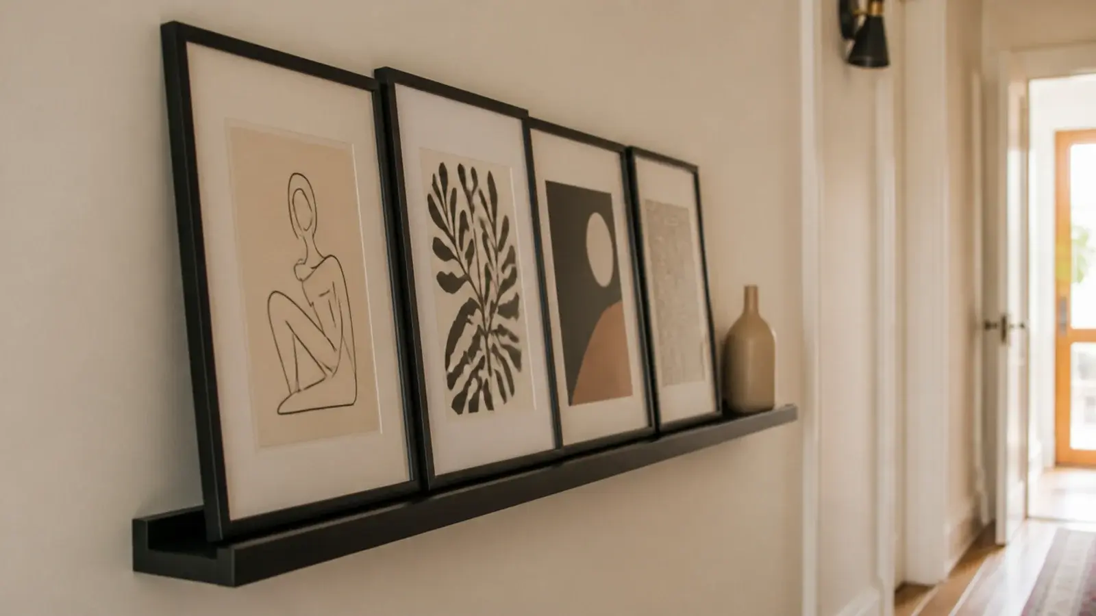 black picture ledge holding leaning frames in matching dark finishes