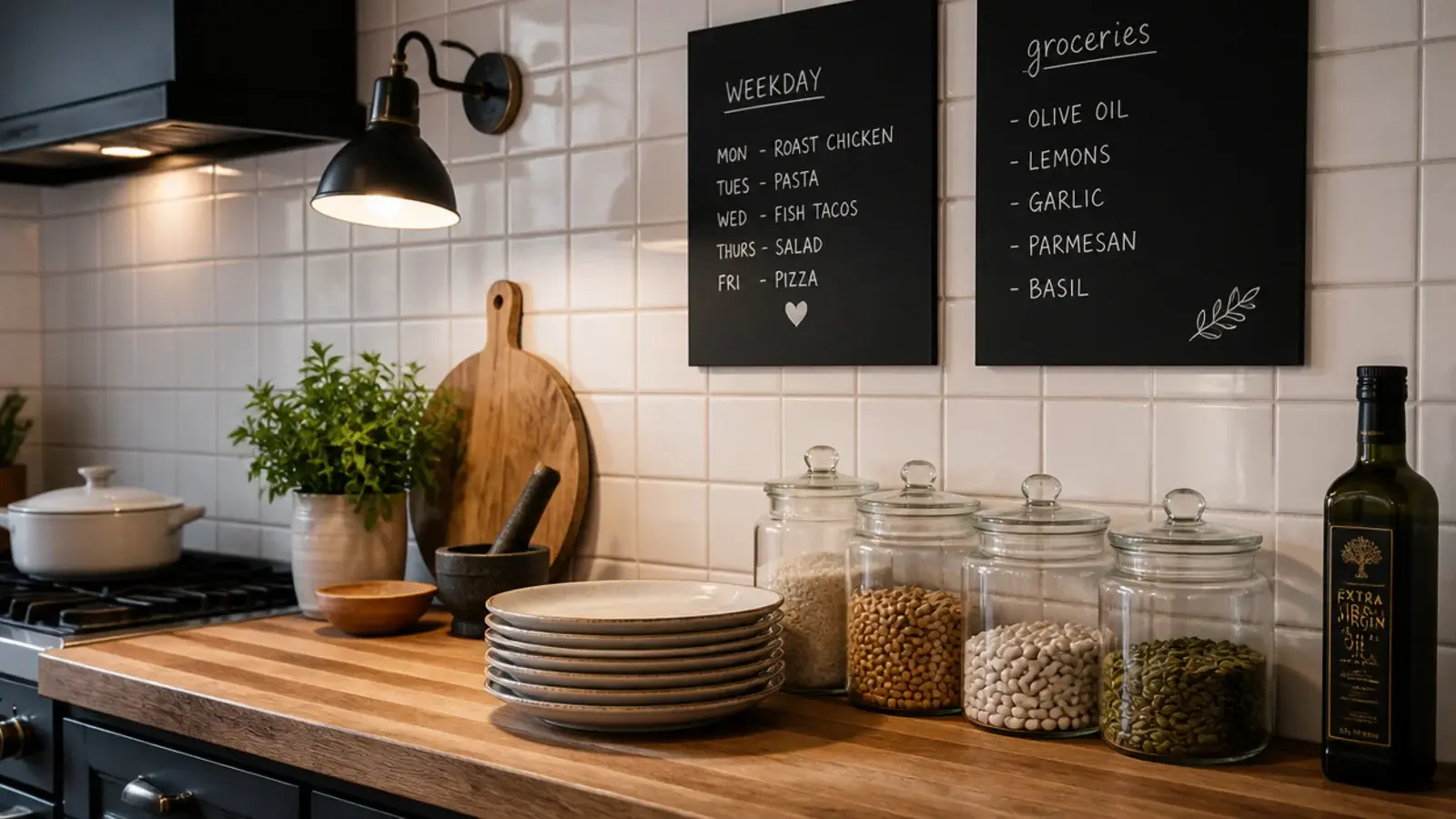 black kitchen shelves above white tile holding plates and glass jars