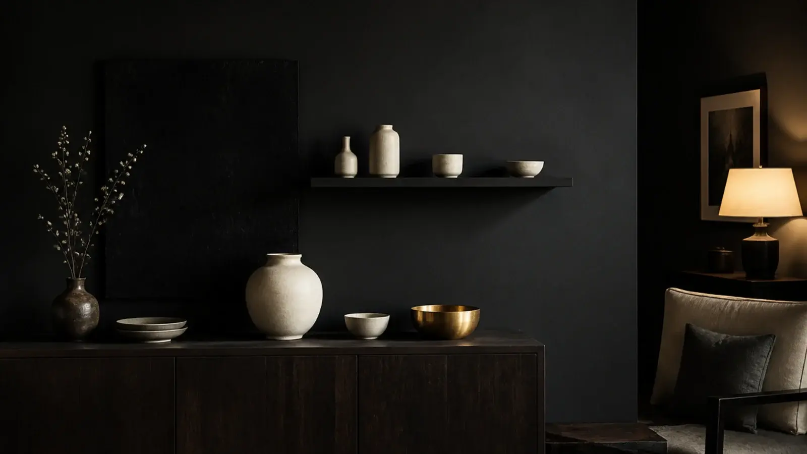 black shelf on a deep charcoal wall with pale pottery appearing to float