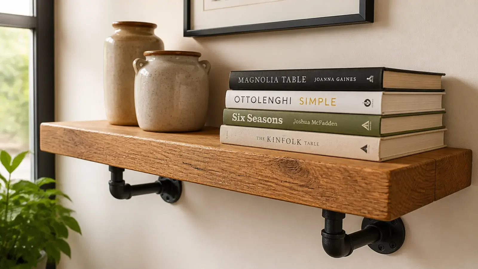 black iron pipe brackets supporting a thick warm oak floating shelf