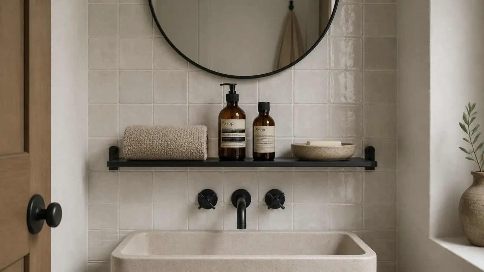 black powder coated steel shelf in a bathroom holding towels and bottles