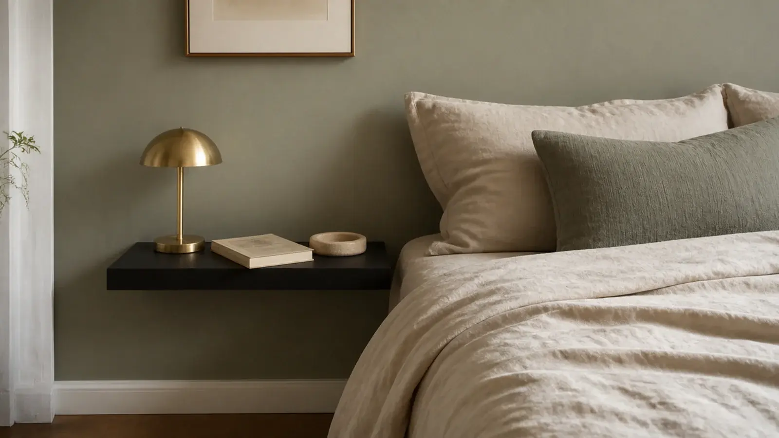 slim black bedside shelf beside a linen bed holding a lamp and book