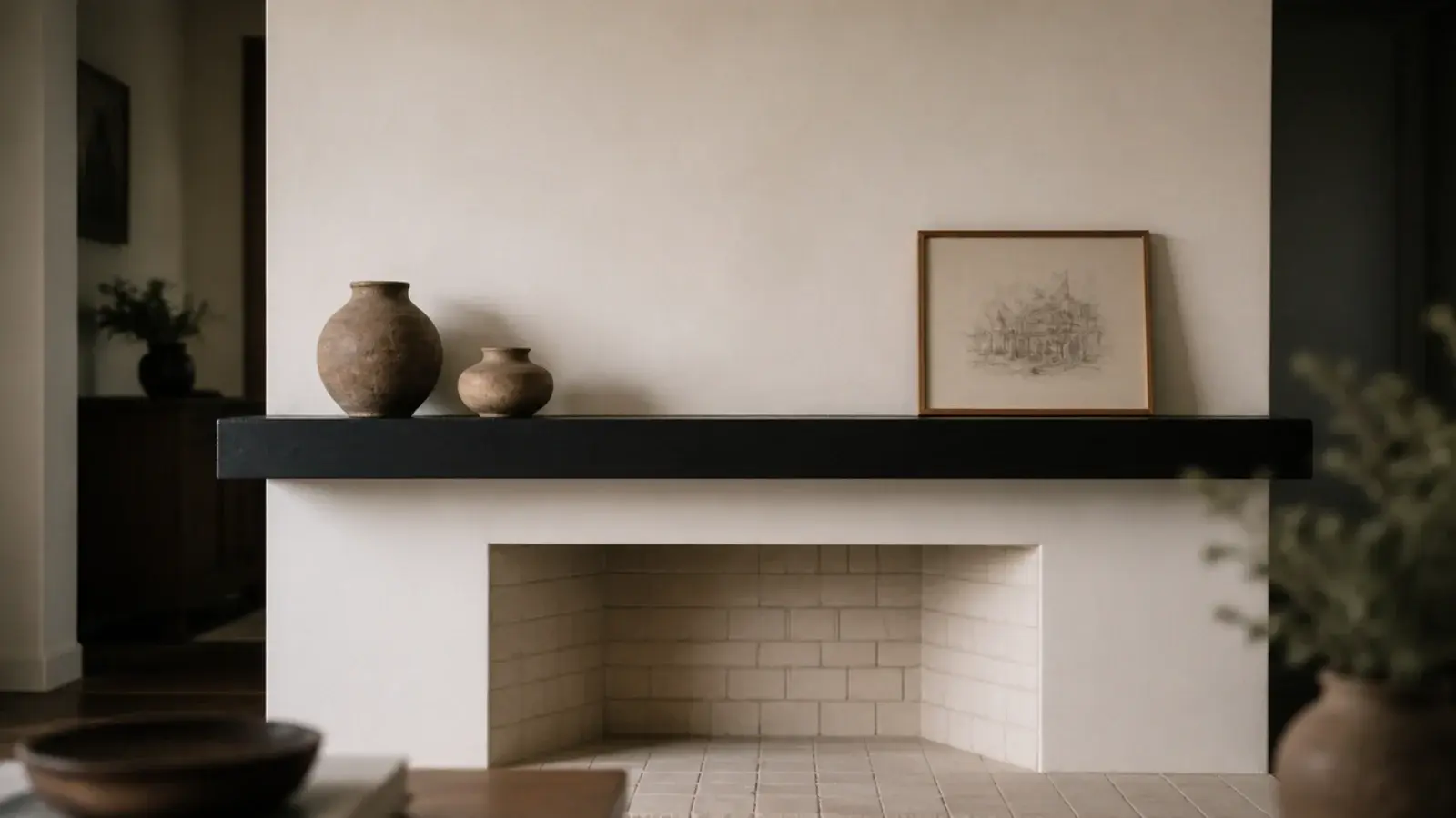 black shelf spanning a chimney breast in place of a traditional mantel