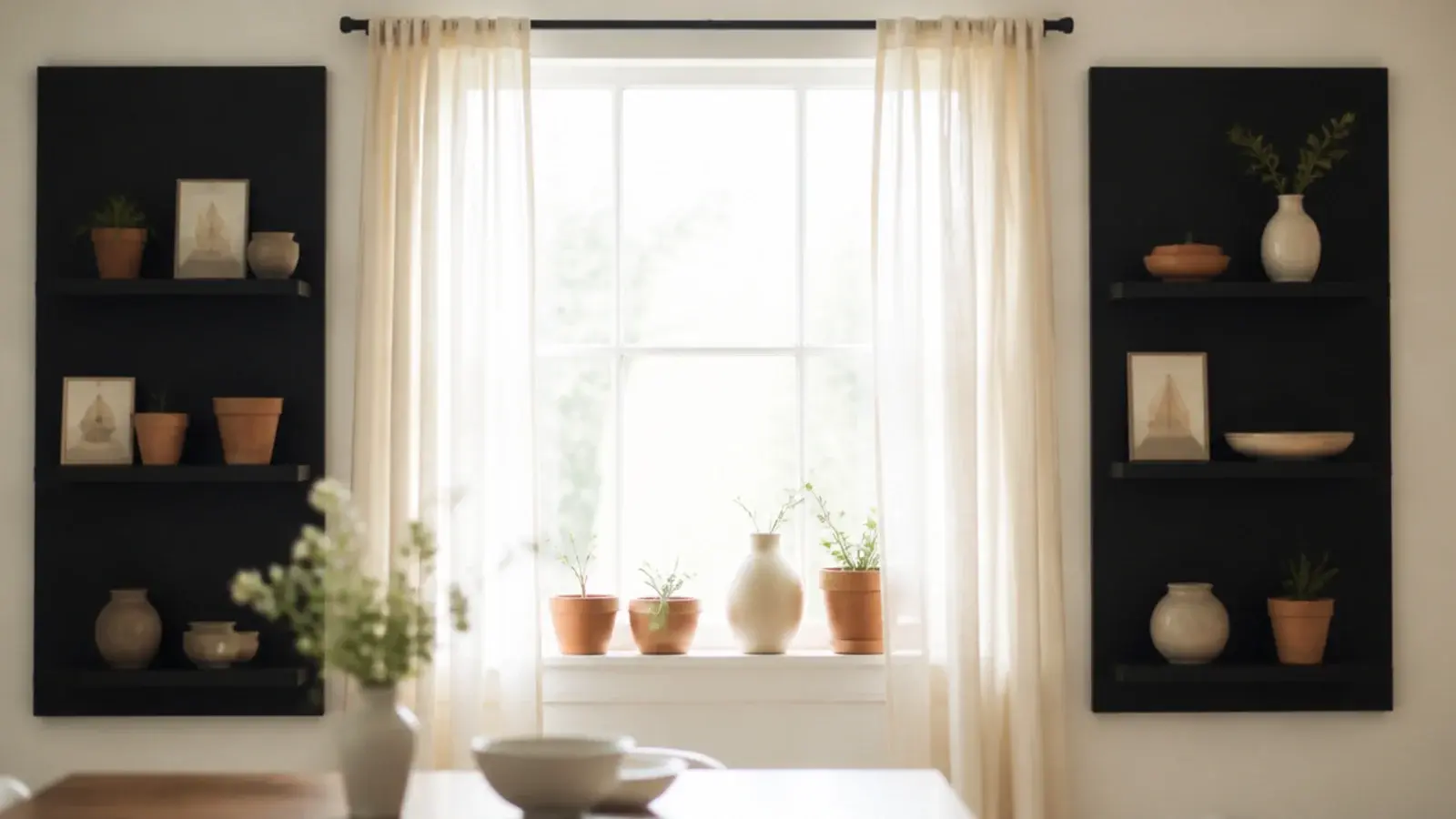 pair of black shelves flanking a bright window holding small plants