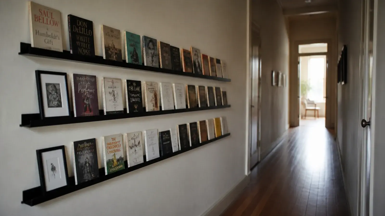 row of shallow black ledges running along a hallway wall with books