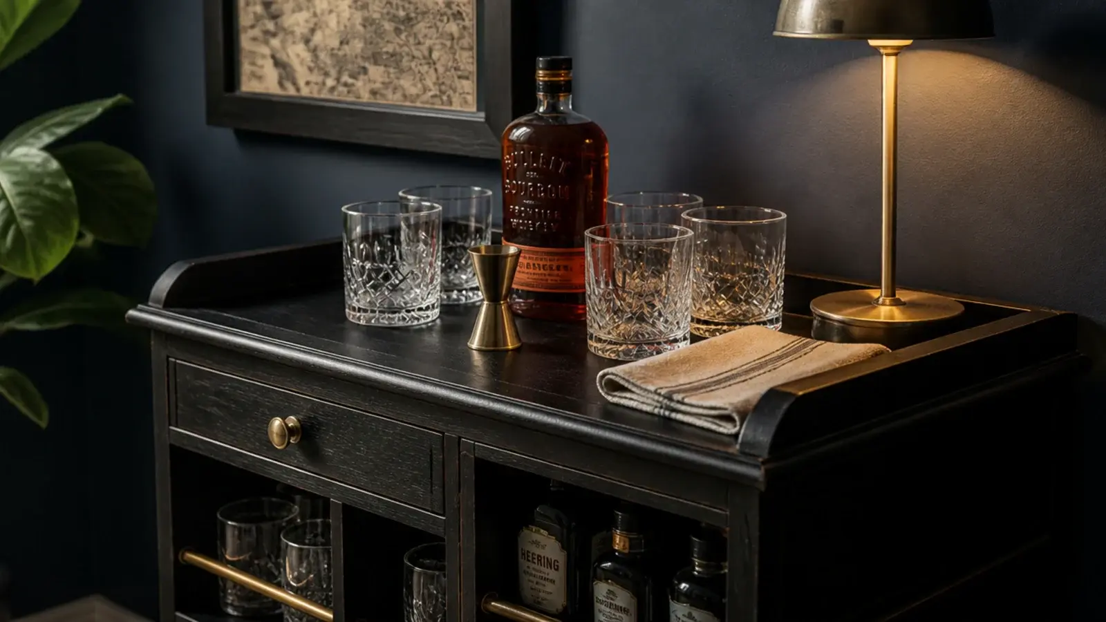 black shelf styled as a small bar with brass tools and glassware