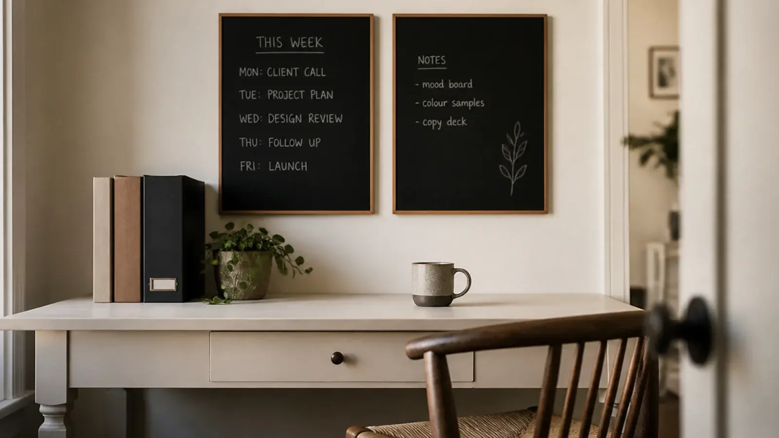 two black shelves above a work desk holding files books and a plant