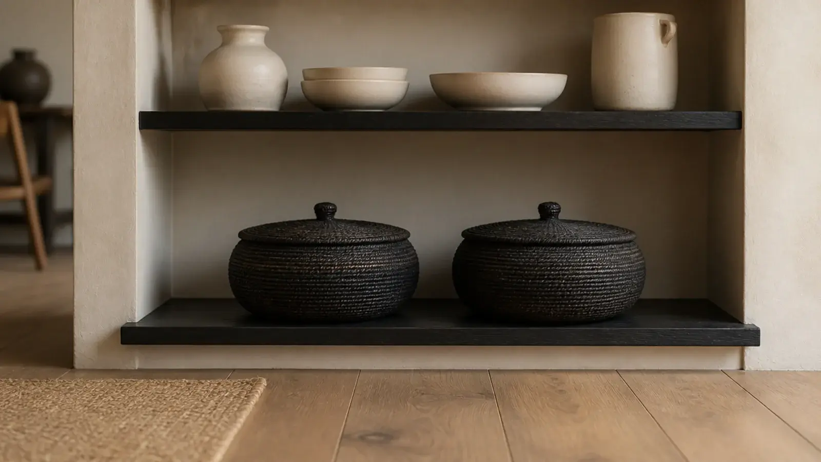 dark woven baskets anchoring the bottom board of a black shelf run