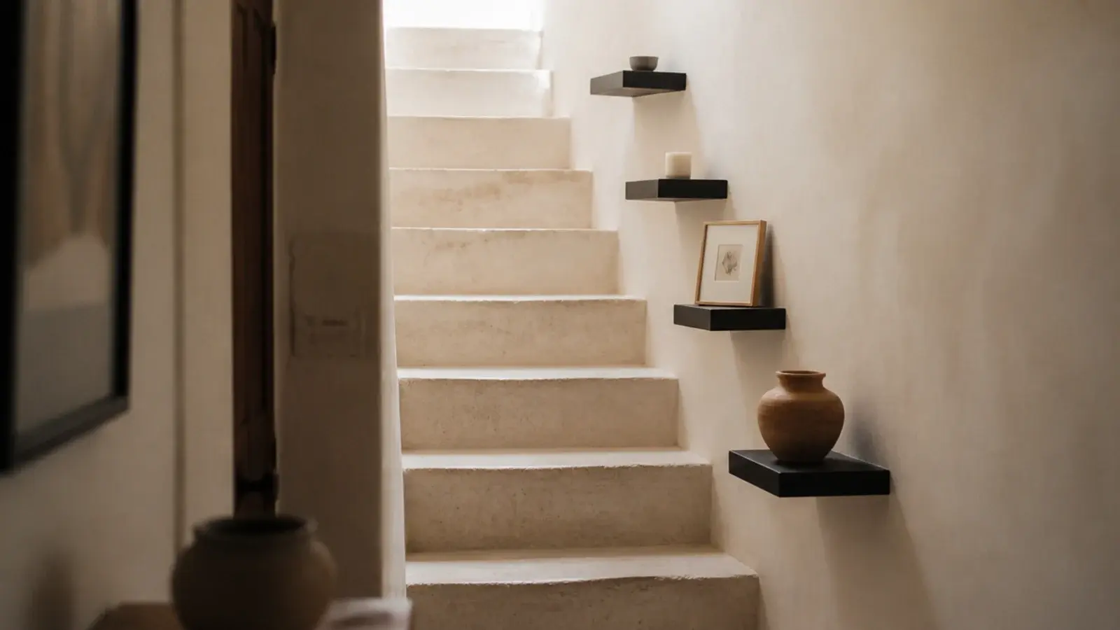 black shelves stepping up a stairwell wall following the tread line