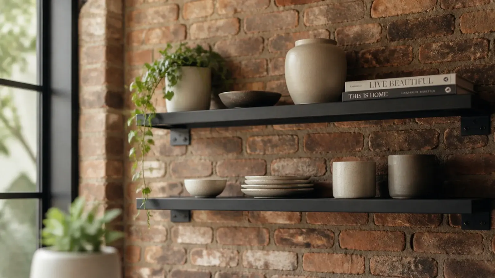 black steel shelves mounted on a warm exposed brick wall with pottery