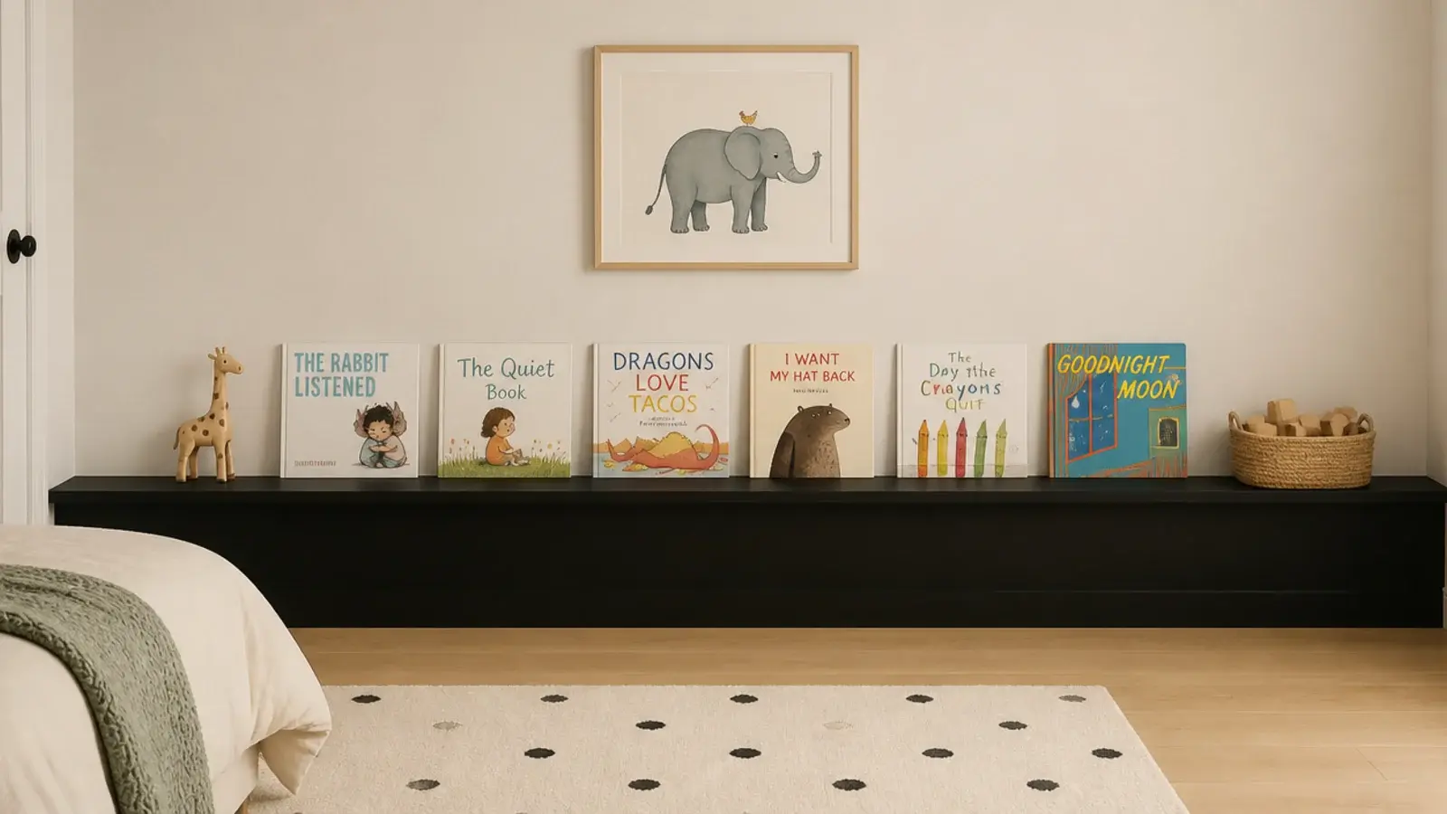 low black shelf in a childs room holding forward facing picture books