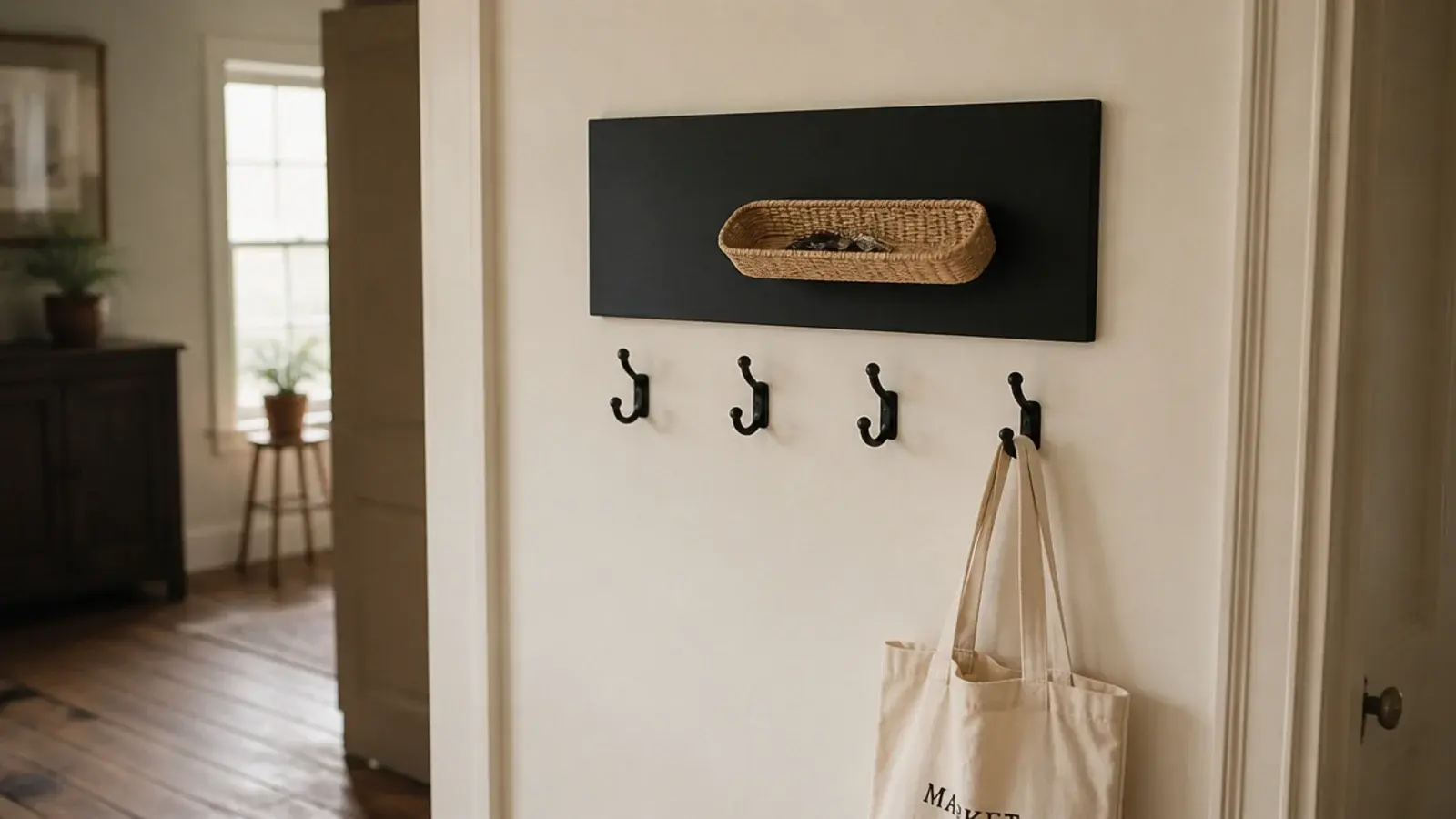 black entryway shelf above matching hooks holding a tray and tote