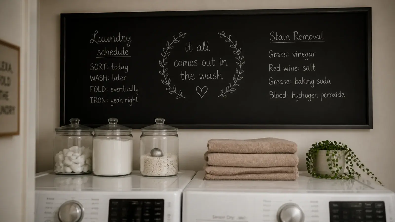 black shelf above a washing machine holding jars baskets and linens