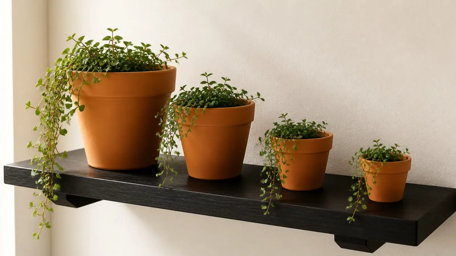 terracotta plant pots contrasting warmly against a black plant shelf