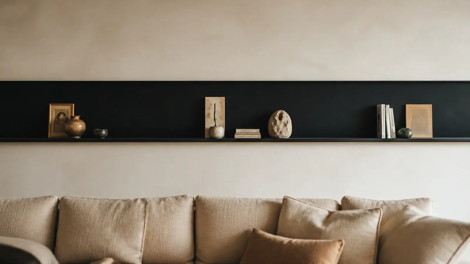 single long black shelf spanning an entire living room wall