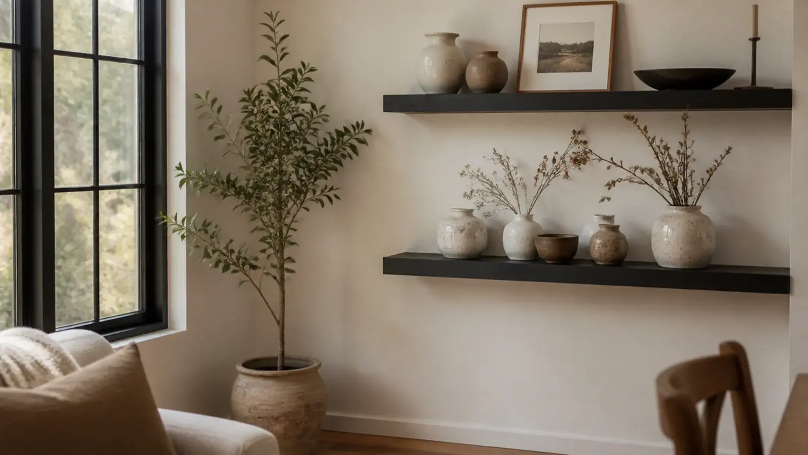 black shelves echoing the dark frames of nearby windows in a room