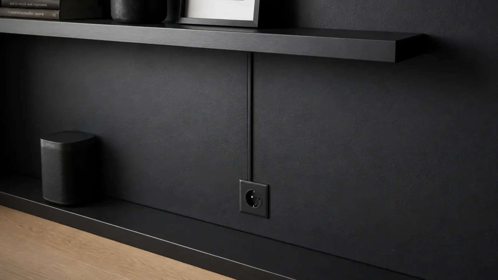 black cable channel painted to match a dark shelf and disappearing