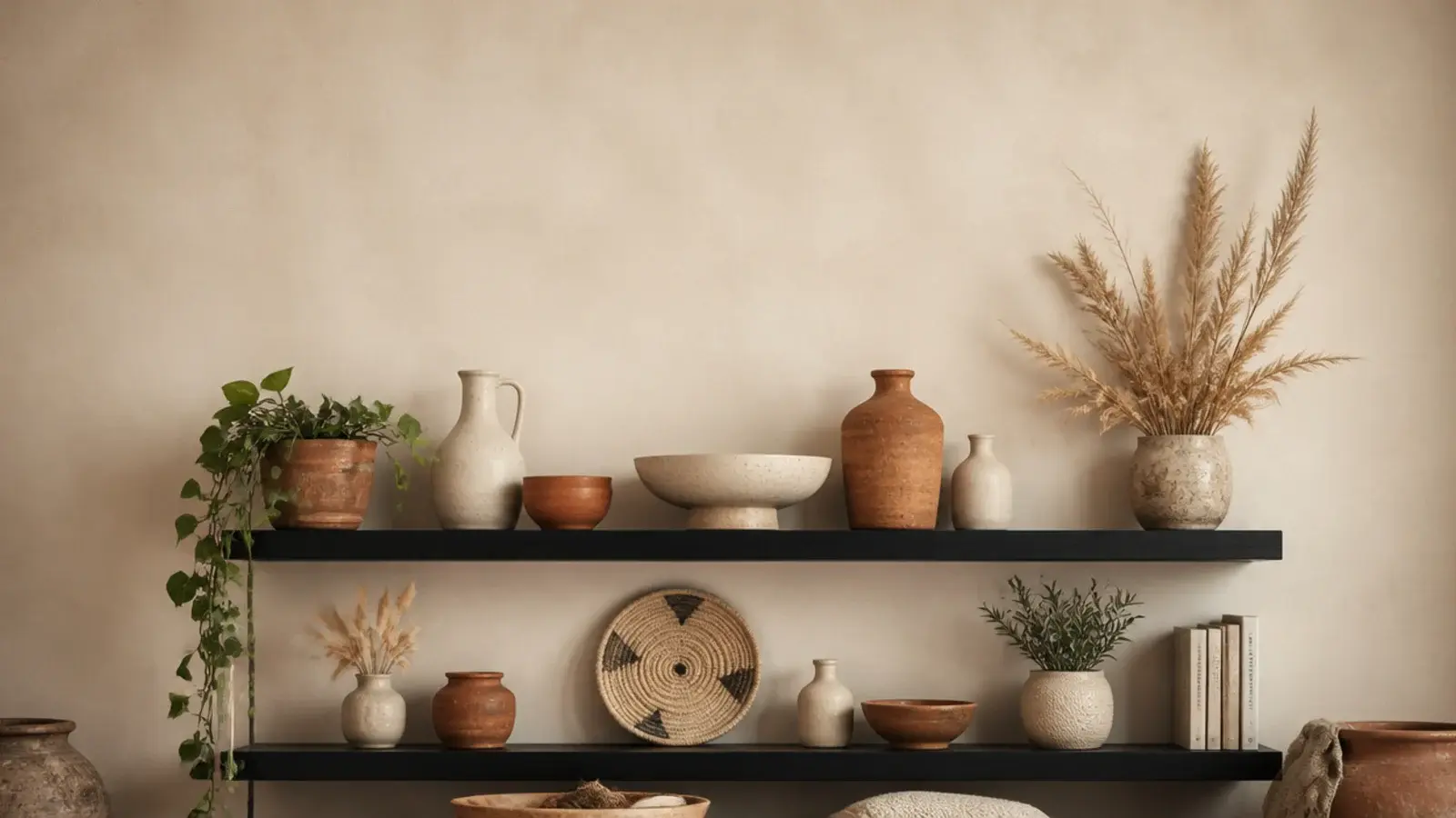 vertical wall of black floating shelves styled with pale pottery and plants