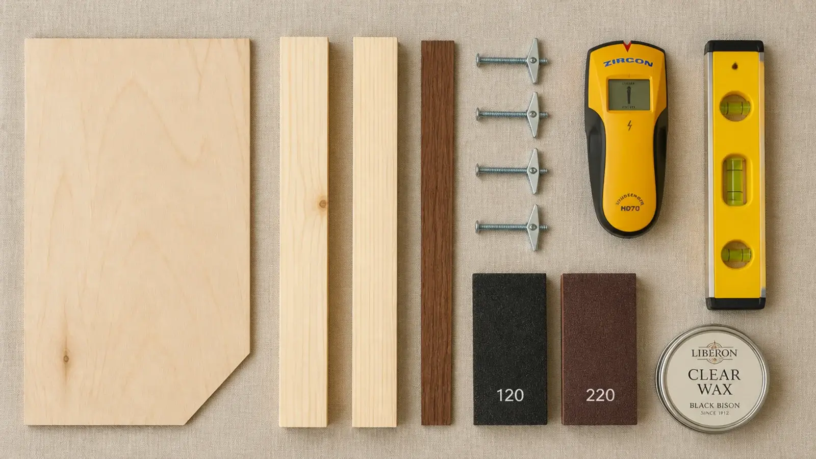 flat lay of tools and materials for building wood floating shelves