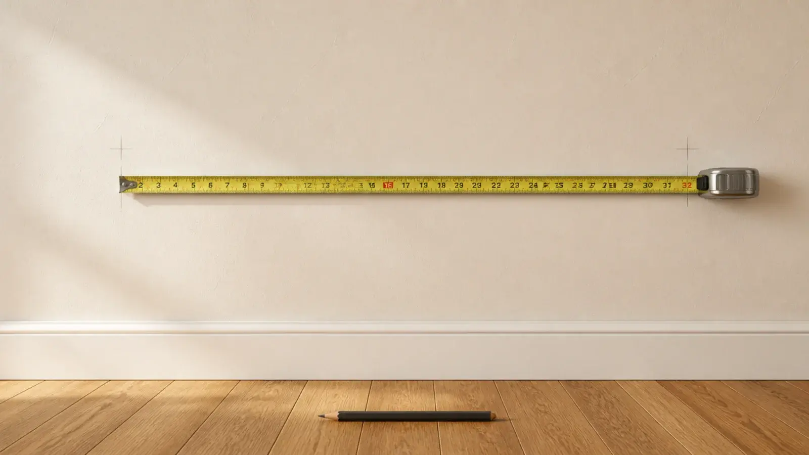 tape measure stretched along a bare wall marking floating shelf length