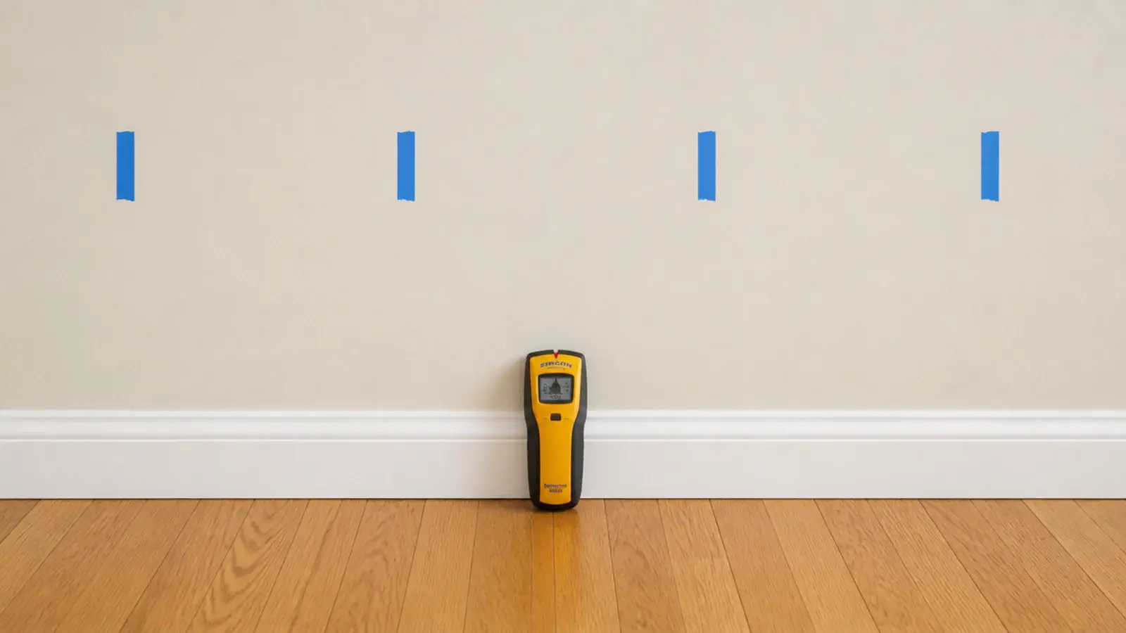 blue painters tape marks showing stud centers across a cream wall