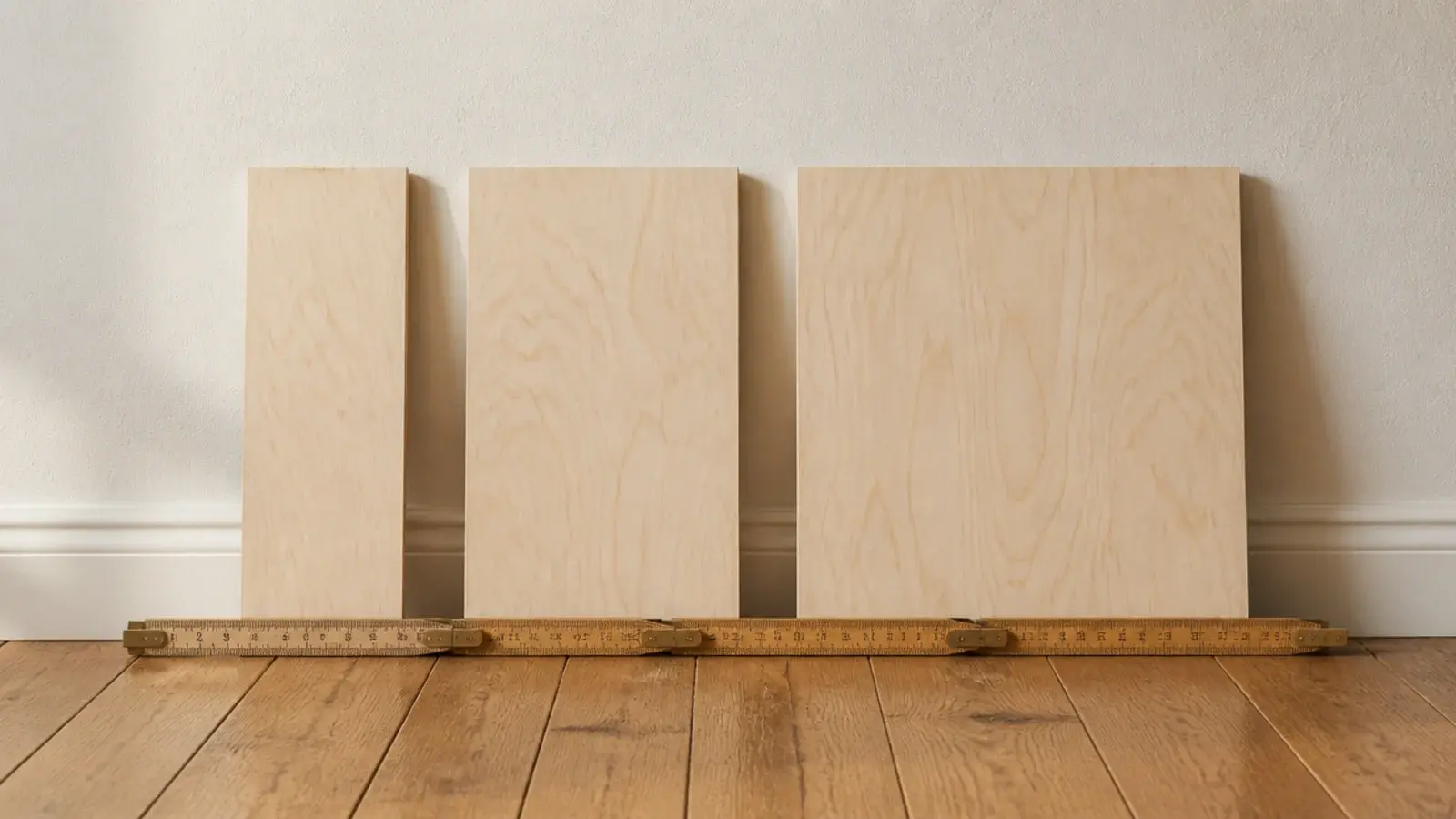 three plywood depth samples leaning against a wall for shelf comparison