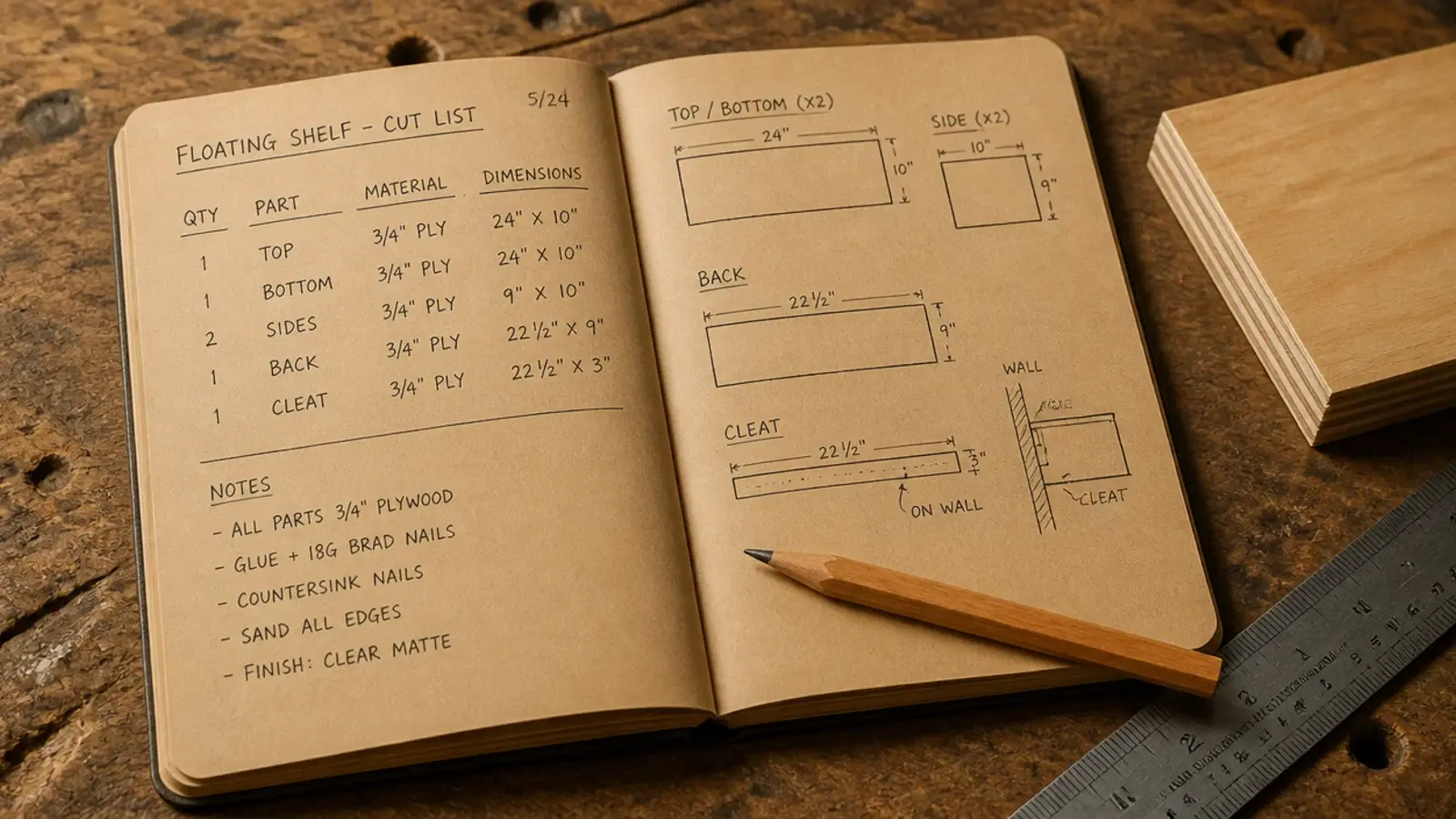 handwritten cut list on kraft paper beside plywood and a pencil