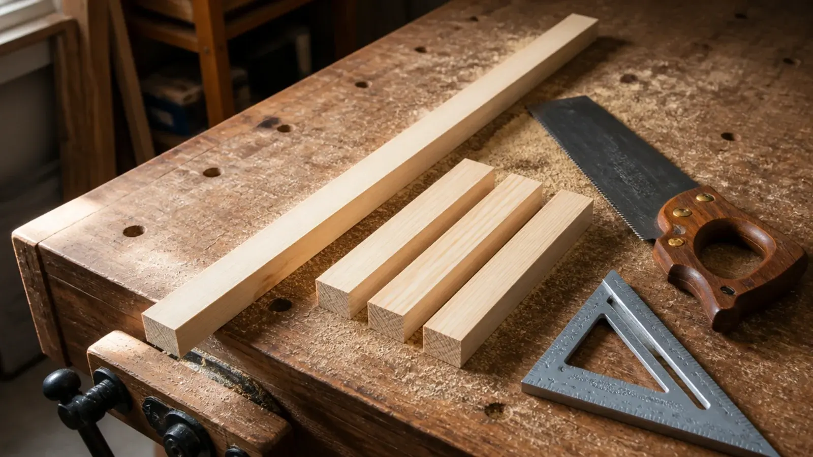 pine framing stock cut into cleat and rib pieces on a workbench