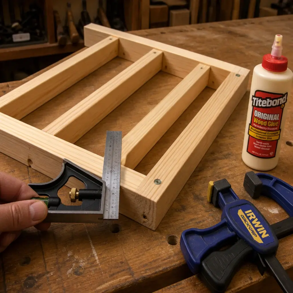pine ribs glued and screwed into a floating shelf frame ladder