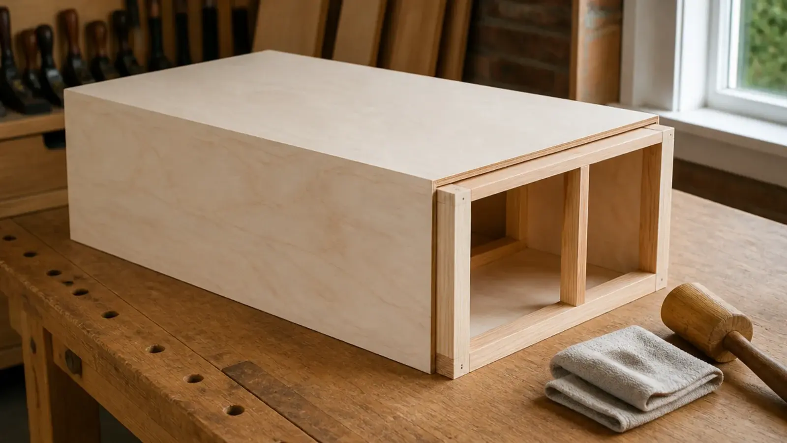 plywood box shell being slid over a pine frame in a dry fit