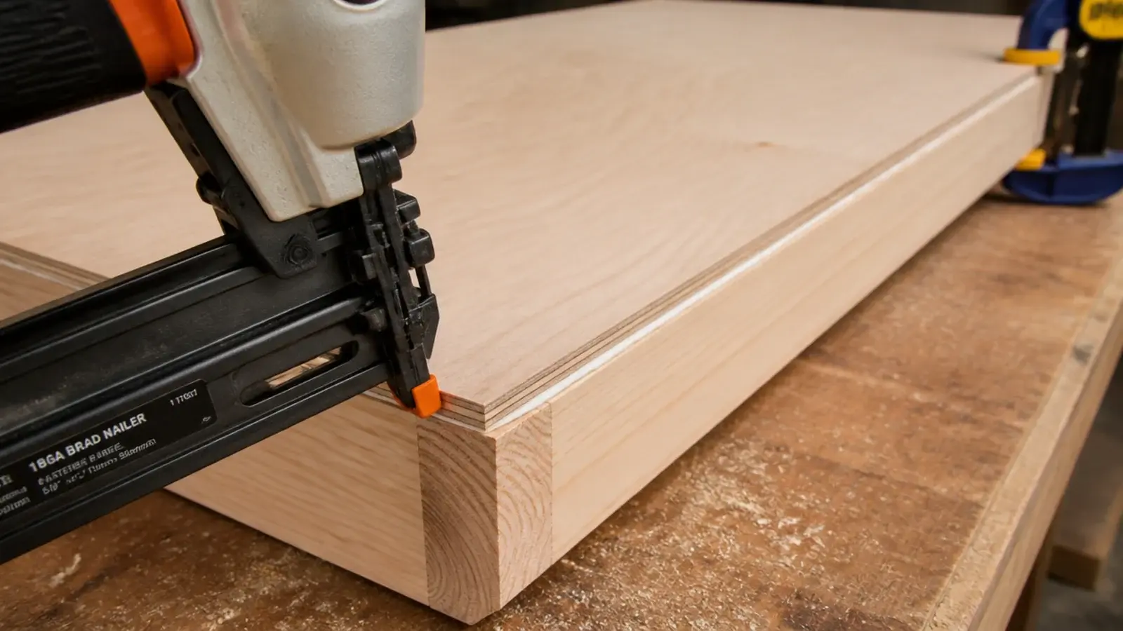 brad nailer pinning a plywood skin onto a floating shelf frame