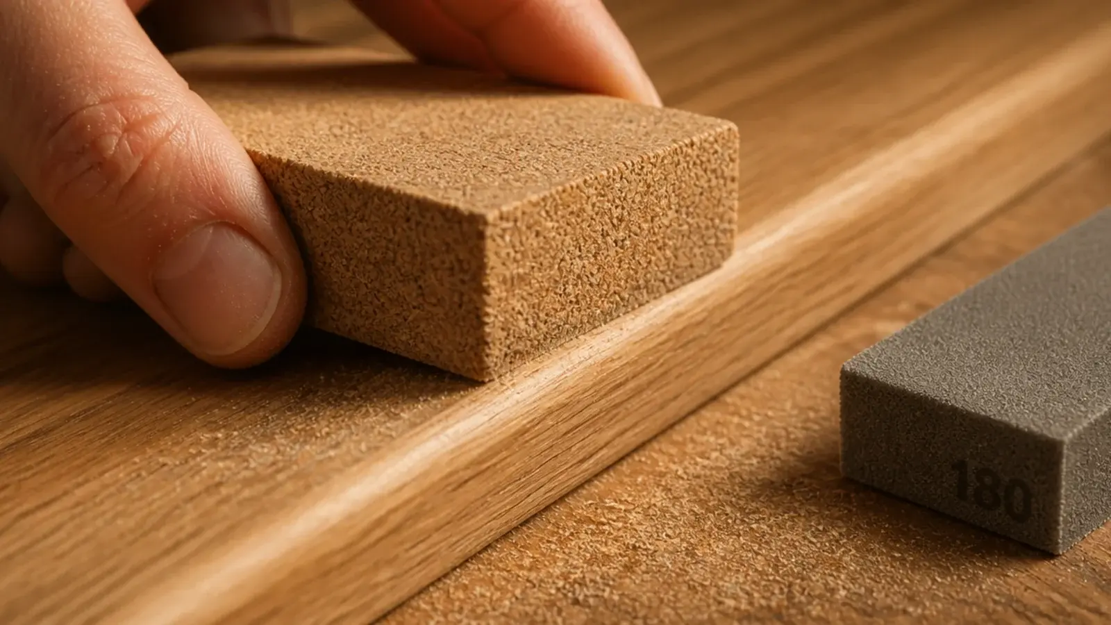 sanding block rounding the front edge of a wooden floating shelf