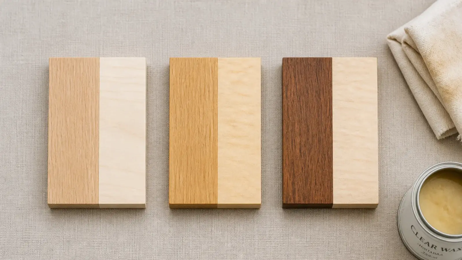 three wood offcuts drying with different finishes on natural linen
