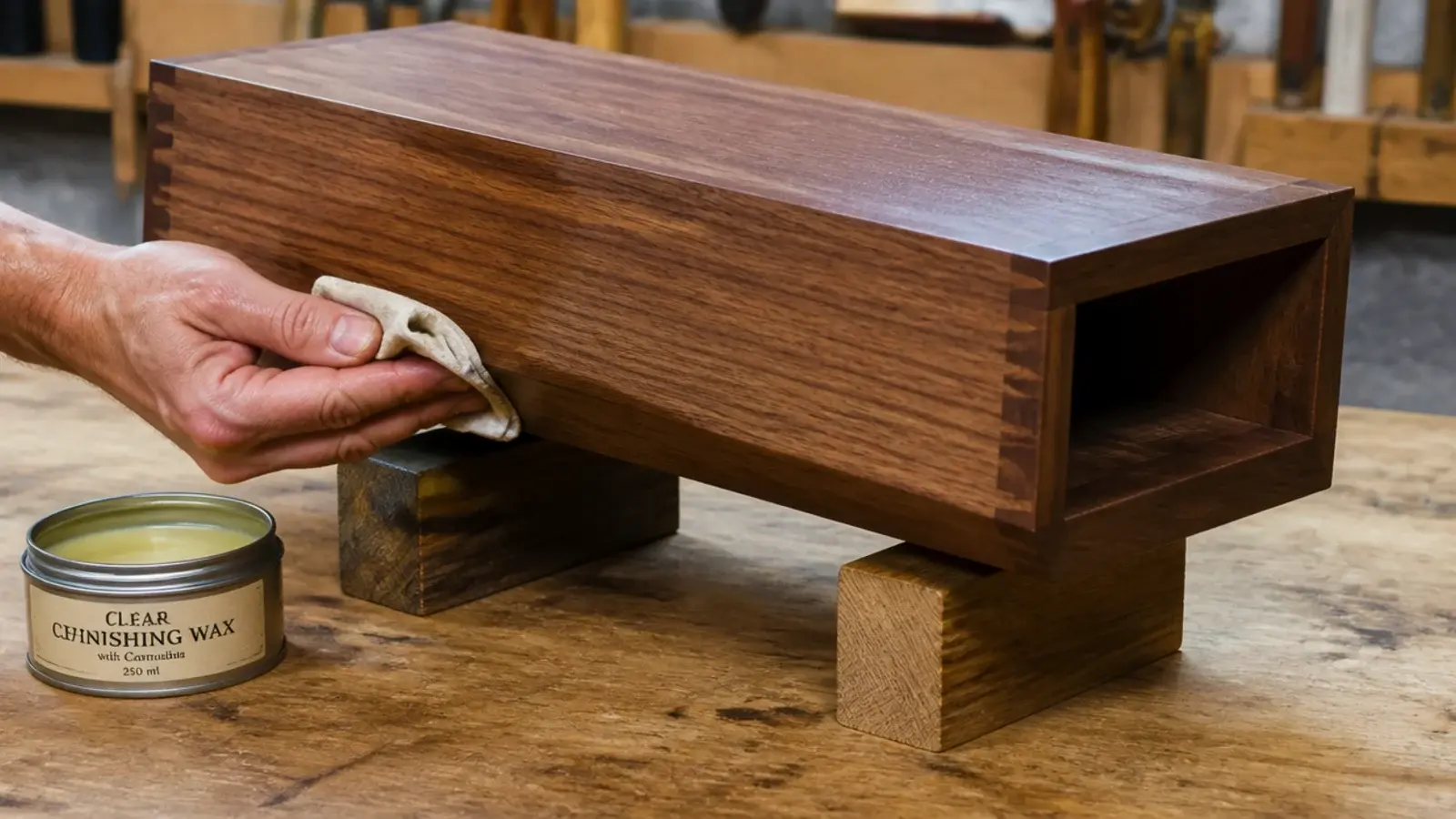 clear wax being worked into the underside of a floating shelf box