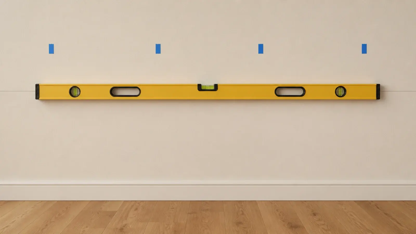 spirit level and pencil line marking floating shelf height on plaster
