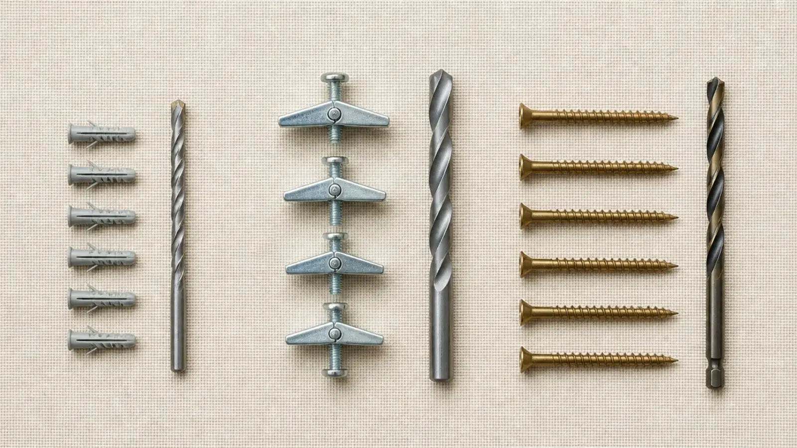 toggle bolts wood screws and plastic plugs compared on natural linen
