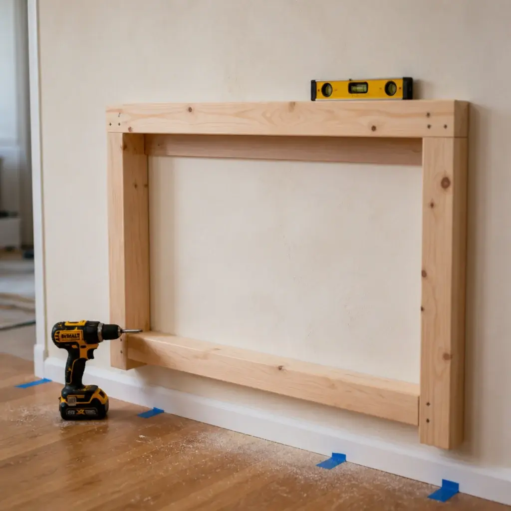pine cleat frame screwed to a wall with a level resting on top
