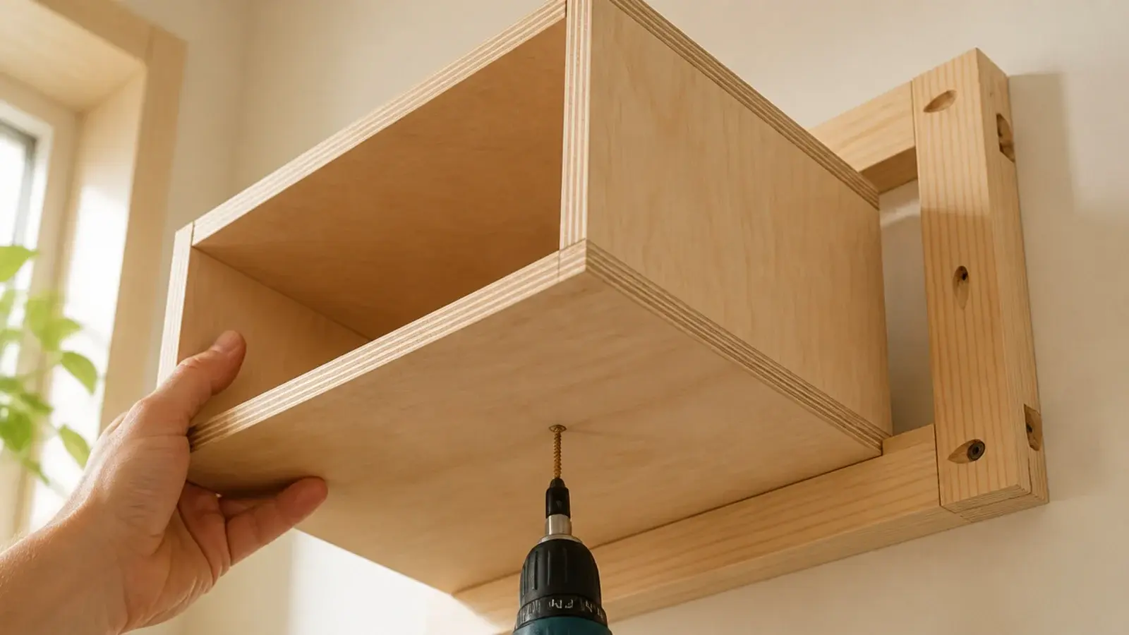 plywood shelf box sliding onto a mounted frame against a wall