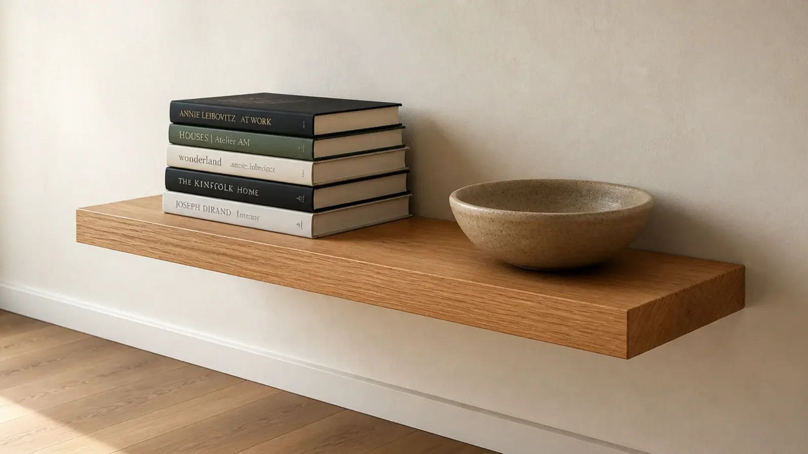 stack of hardback books load testing a newly built floating shelf