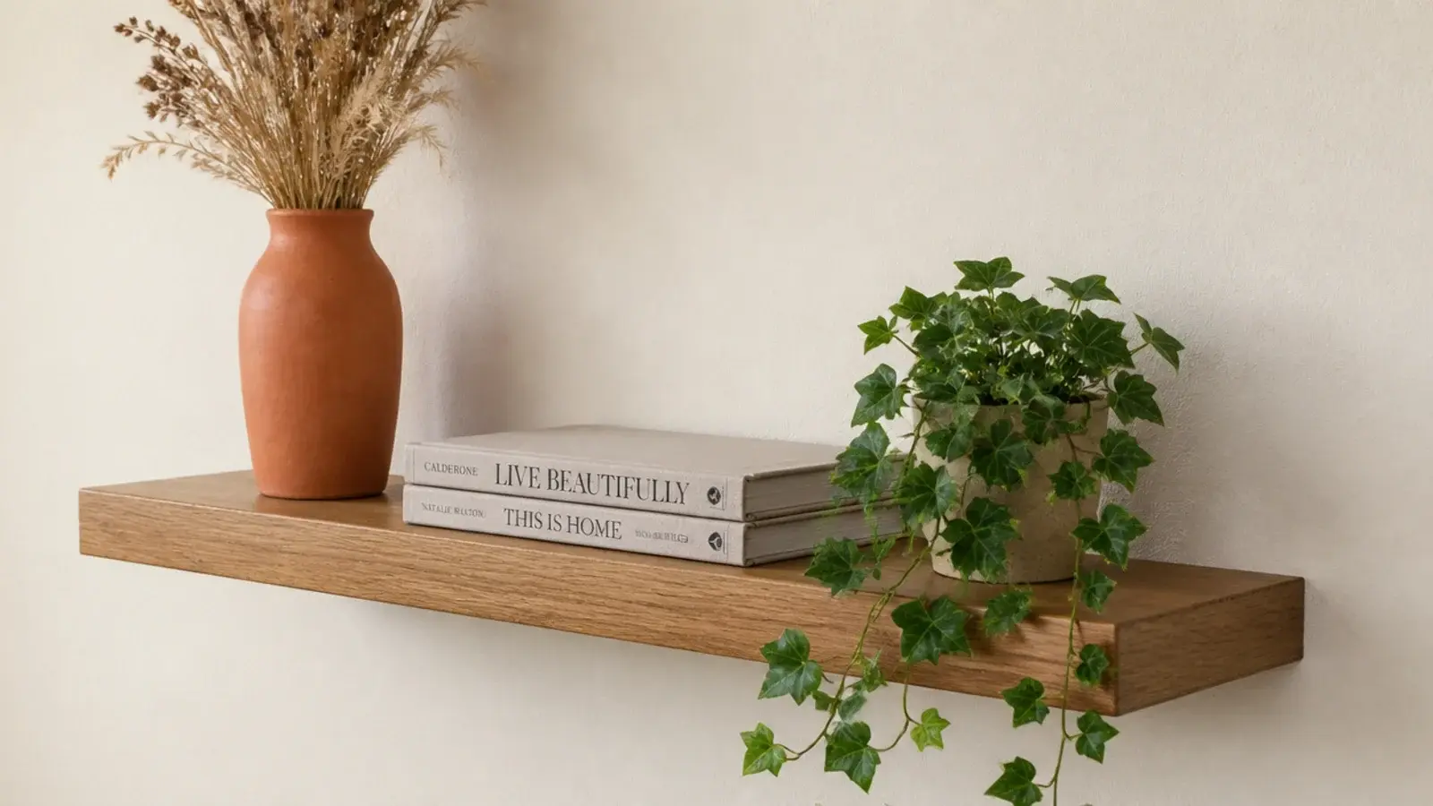 finished floating shelf styled with a vase books and trailing plant