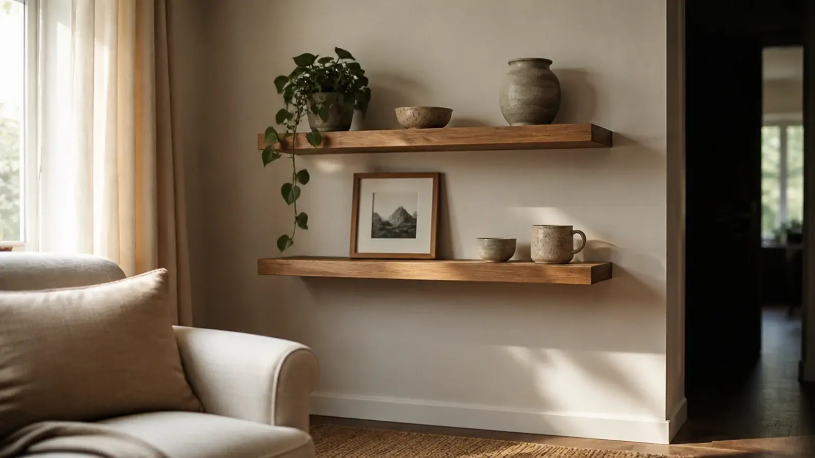 pair of finished wood floating shelves styled sparsely in a warm room