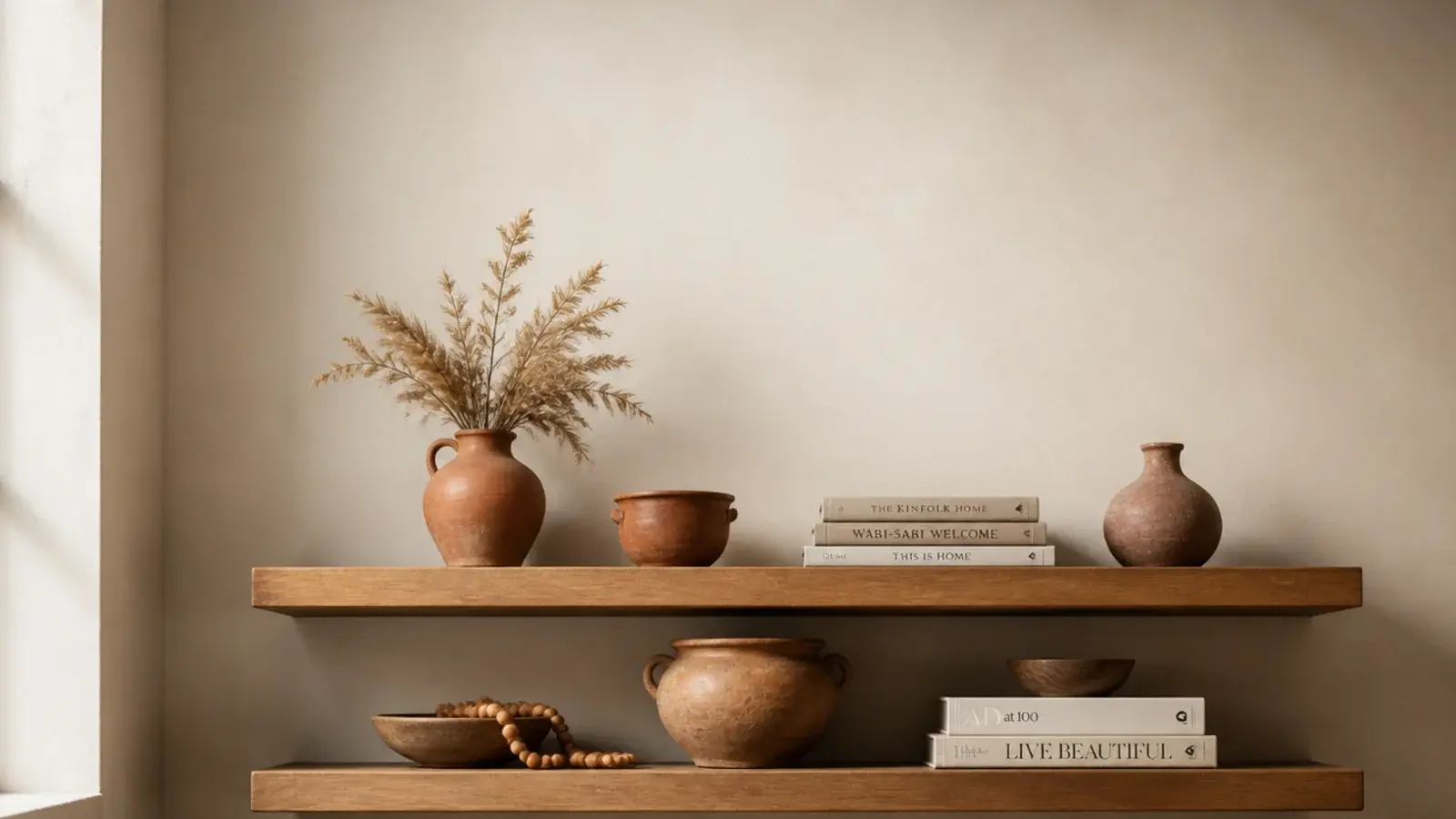 vertical build guide view of finished wooden floating shelves on a wall