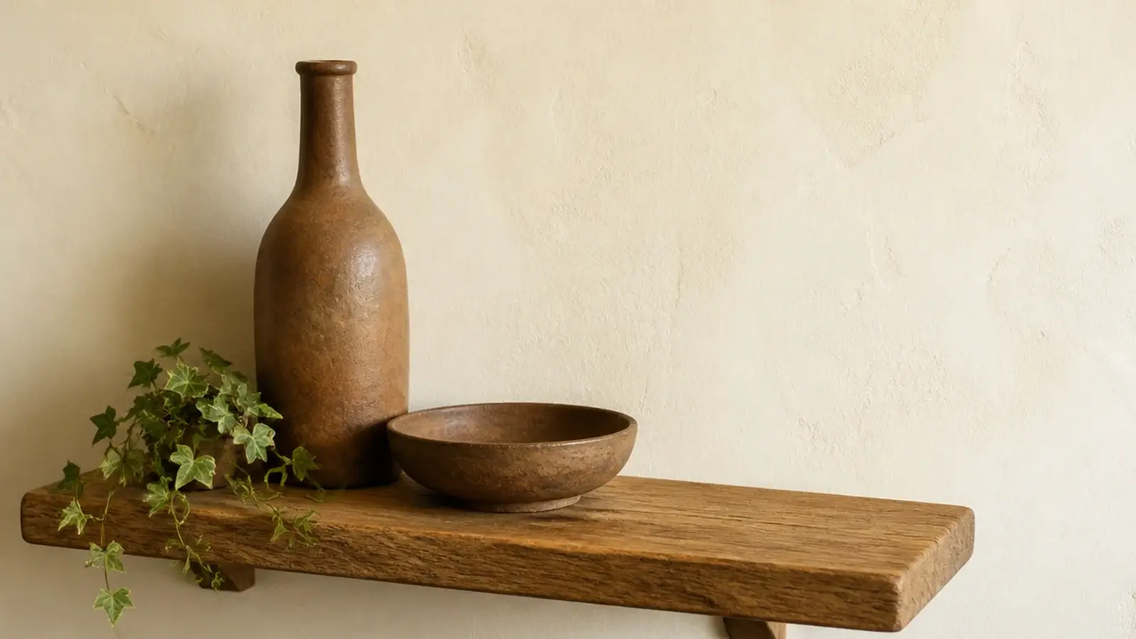 empty oak shelf with three objects placed at clearly different heights