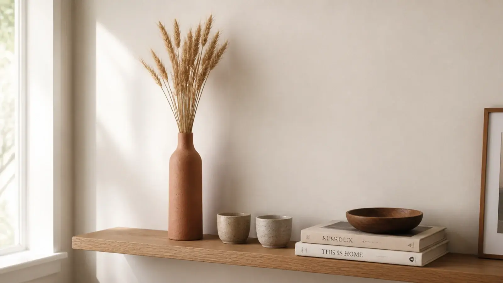 tall clay vessel with dried grasses breaking the line of a shelf