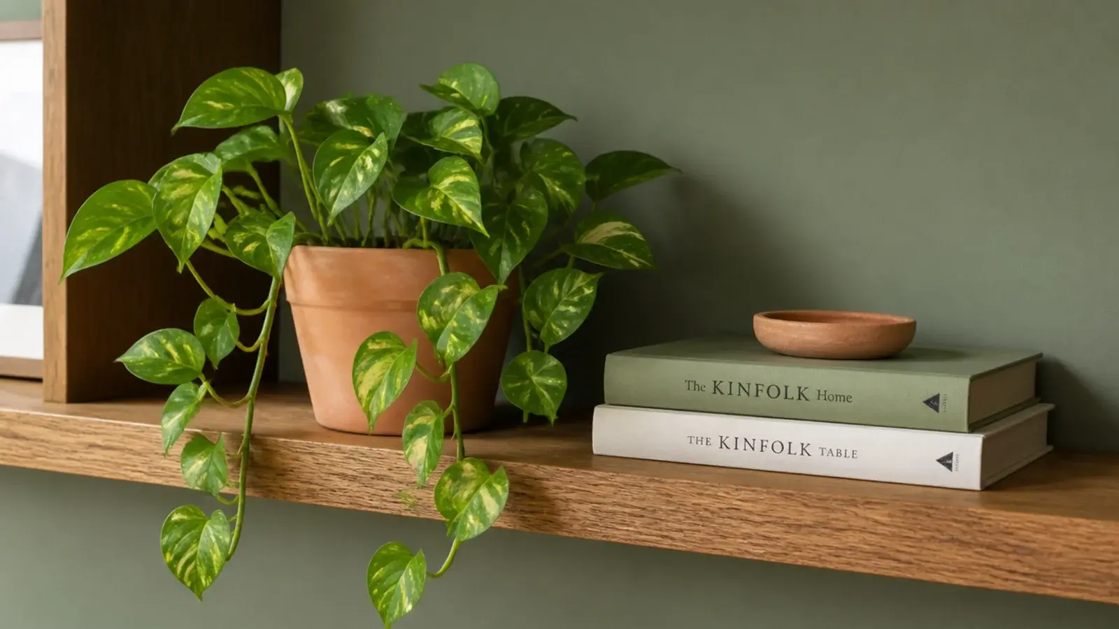 single trailing pothos softening the edge of a styled wooden shelf