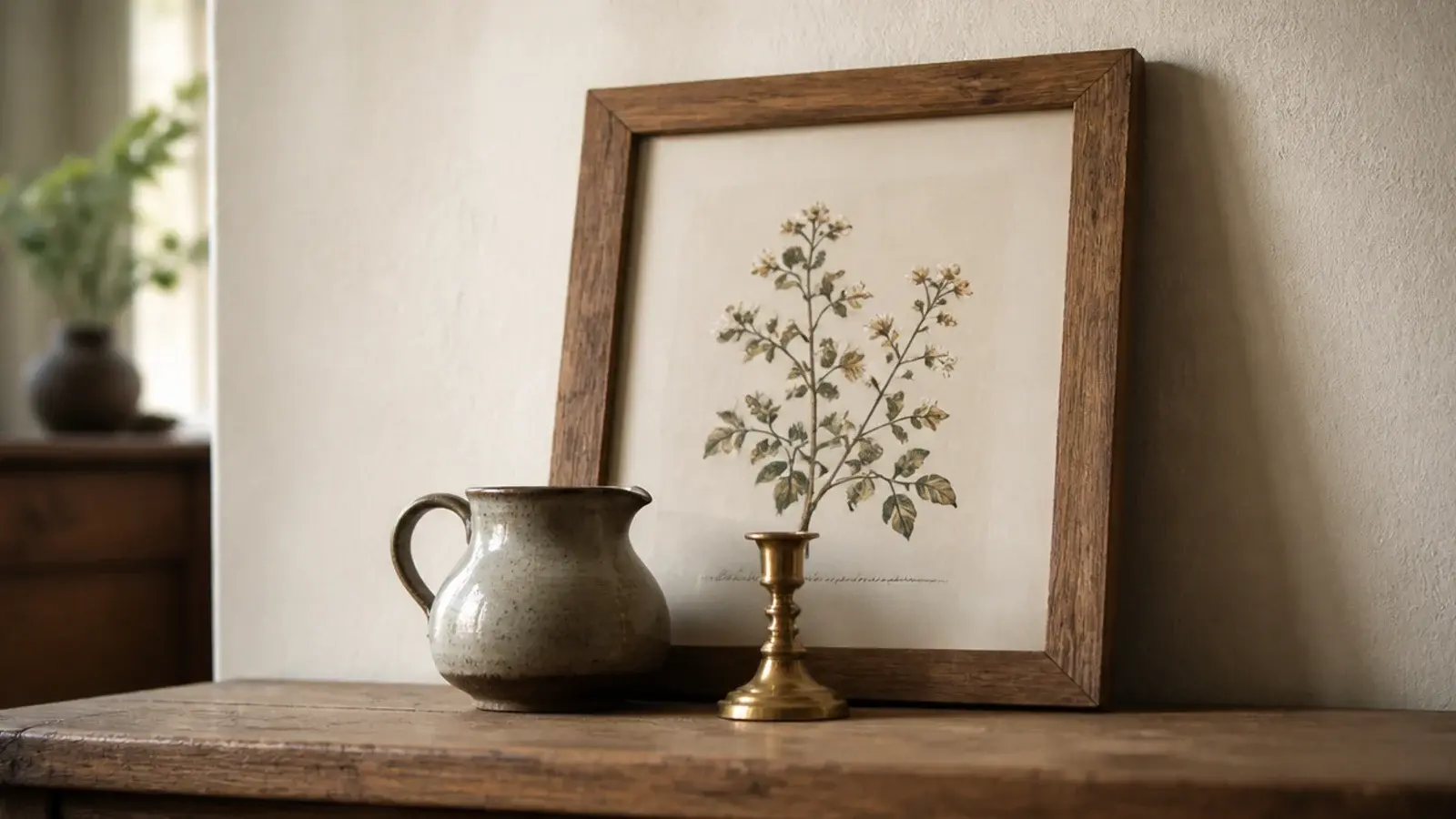 framed print leaning at the back of a shelf behind small pottery